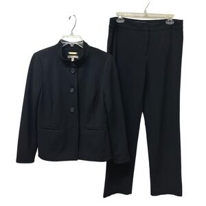 Talbots Women's Black Italian Knit 2 Piece Pant Suit Set Mock Neck Blazer Size 8